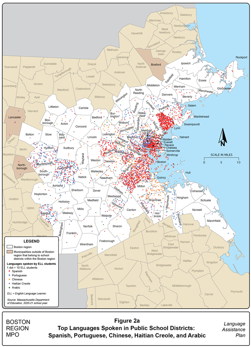 Figure 2A is a map showing the distribution of students who speak one of the top languages spoken in the Boston region’s public school districts: Spanish, Portuguese, Chinese, Haitian Creole, and Arabic. Figure 2A is a map showing the distribution of students who speak one of the top languages spoken in the Boston region’s public school districts: Spanish, Portuguese, Chinese, Haitian Creole, and Arabic.